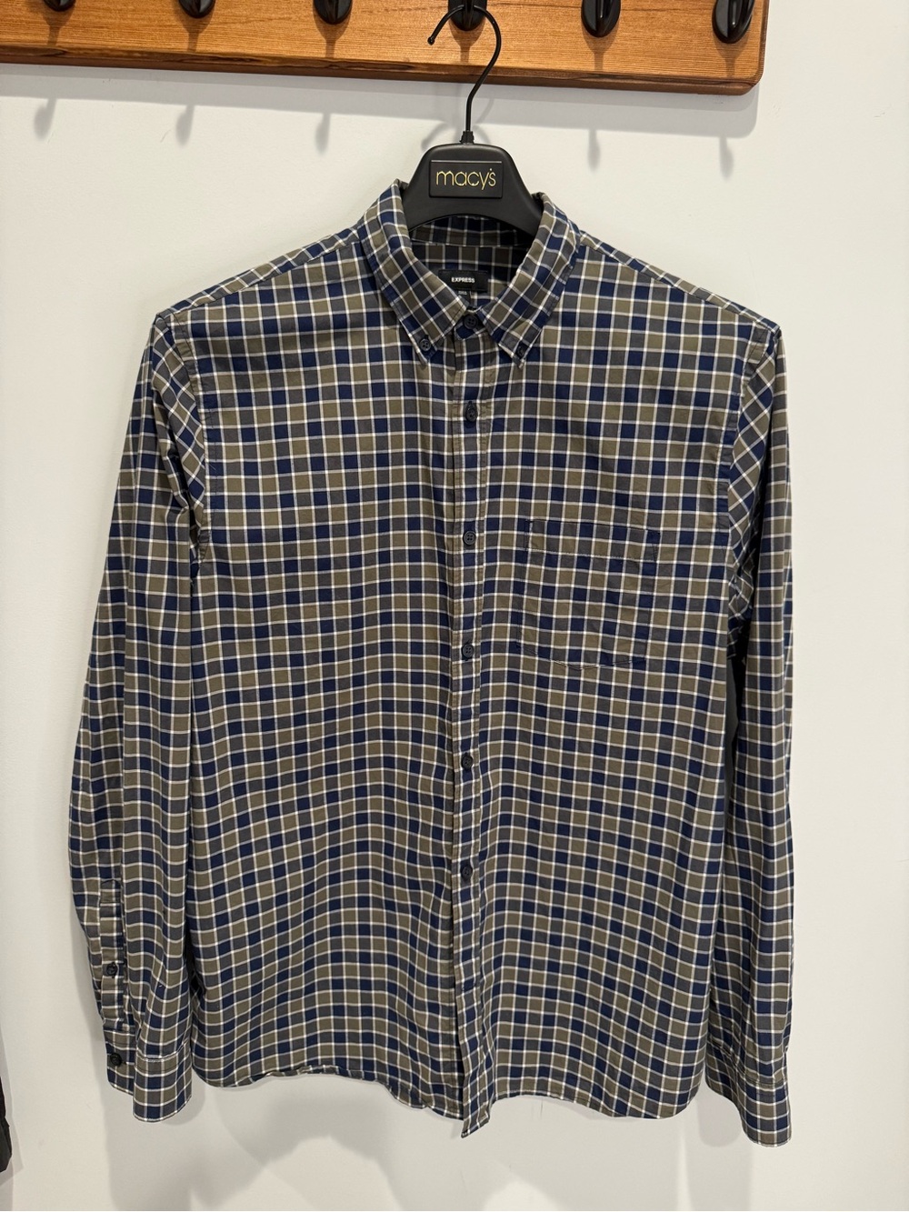 Express Men's Navy and Forrest Green Plaid Button-Down Dress Shirt
